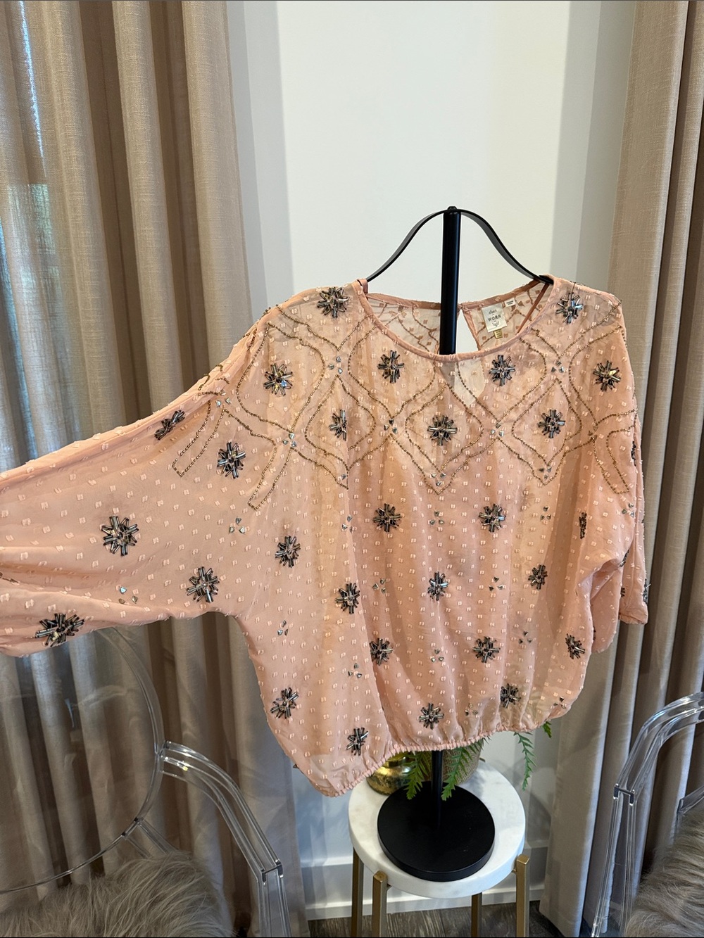Anthropologie Peach Beaded Dolman Blouse